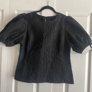 J Crew Collection Black Crepe Floral Textured Balloon Sleeve Small Old Money